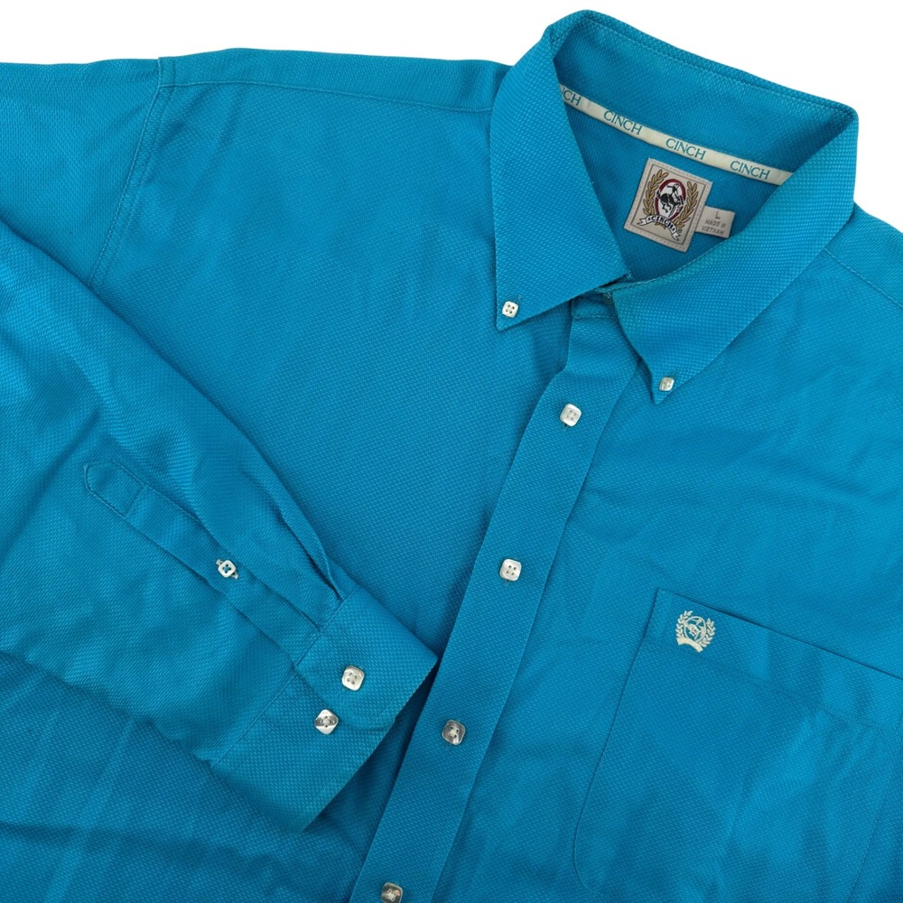 Cinch Mens L Turquoise Textured Long Sleeve Western‎ Button Down Shirt Cowboy